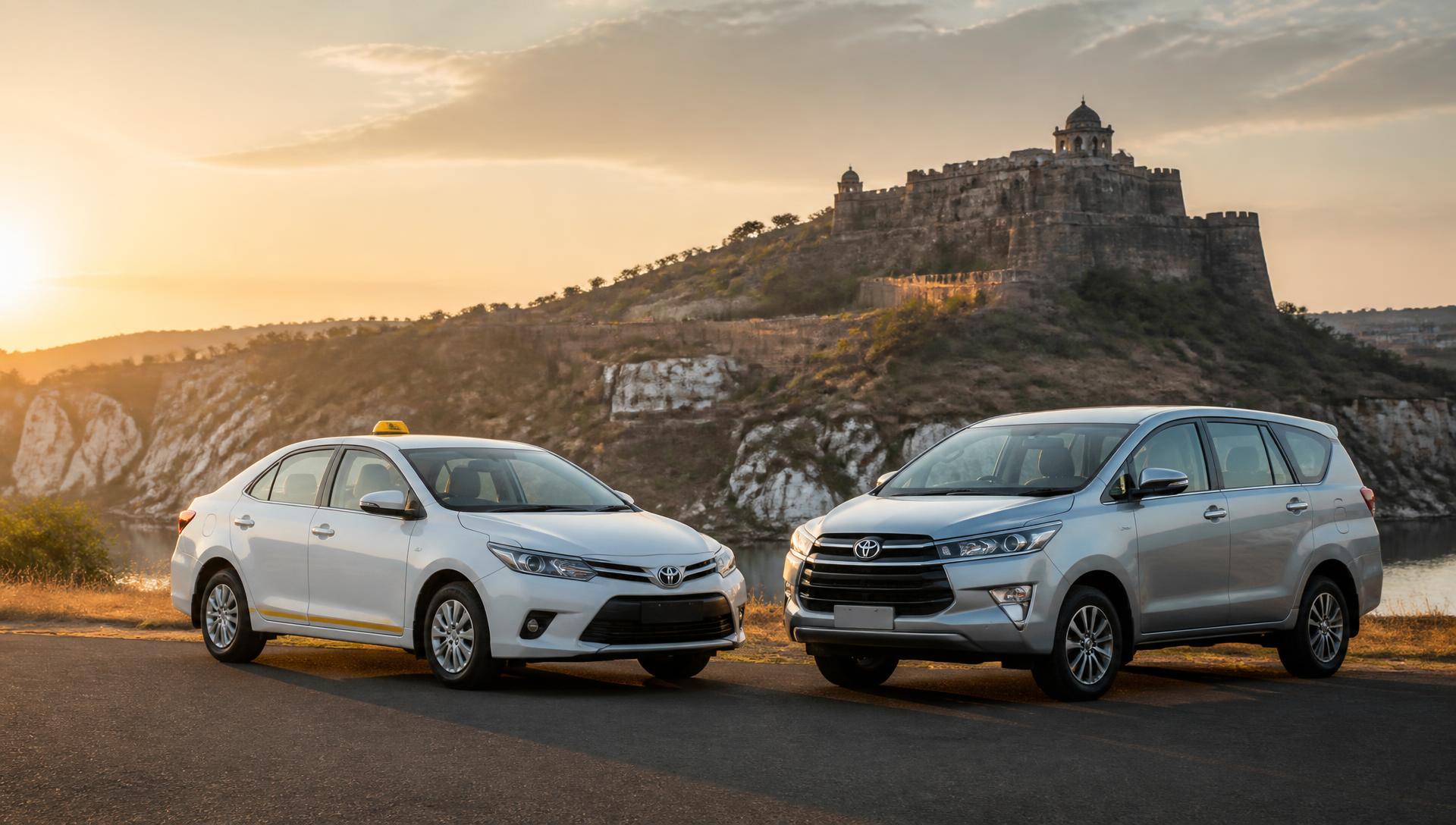 Turbo Taxi taxi fleet parked near Jabalpur fort at sunrise